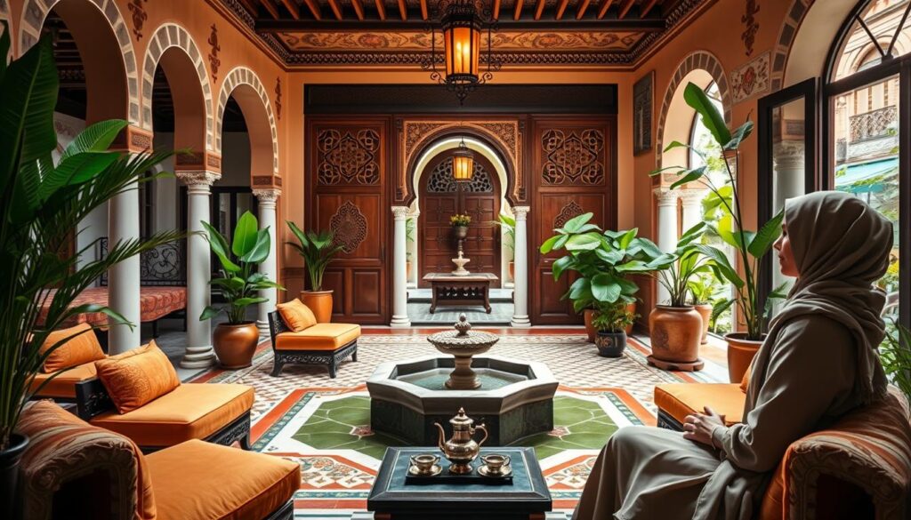 A luxurious interior of Riad Yasmine, focusing on a beautifully decorated courtyard with a small fountain at its center, surrounded by lush greenery and vibrant Moroccan tiles. The scene captures the essence of tranquility and safety, featuring cozy seating areas with plush cushions in warm tones. In the foreground, a lone woman dressed in modest, stylish clothing enjoys a tea ceremony, exemplifying the welcoming atmosphere of the riad. The middle layer showcases intricate architectural details, like arched doorways and painted wooden ceilings, while the background reveals the lush gardens visible through large, open windows. Soft, natural lighting filters through the spaces, creating a warm, inviting mood. The image is shot from a slightly elevated angle to encapsulate the elegance and charm of this safe oasis for female travelers.