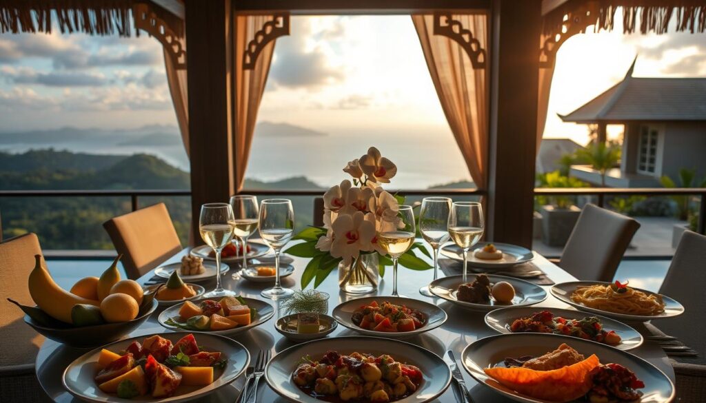 A luxurious outdoor dining setting on a private Bali villa terrace, showcasing an elegantly set table with gourmet dishes and fine beverages. In the foreground, a beautifully arranged spread of tropical fruits, gourmet appetizers, and intricately plated main courses, sparkling crystal wine glasses filled with white wine, and an exquisite centerpiece of blooming orchids. In the middle, a breathtaking view of lush green hills and distant ocean waves, with soft sunlight casting warm, golden hues over the scene. The background features traditional Balinese architecture, creating an atmosphere of serene indulgence and sophistication. The composition captures the essence of a luxurious culinary experience in paradise, evoking a sense of tranquility and refined taste, with gentle, inviting lighting from the golden hour.