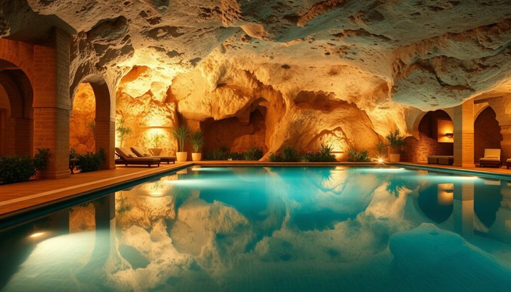 A luxurious underground pool nestled within a stunning Cappadocia cave hotel environment. In the foreground, there is a serene, inviting pool with crystal-clear water, surrounded by elegant stone architecture that reflects the unique natural formations of the cave. Lush greenery and tasteful decor, such as soft lounge chairs, complement the scene. In the middle, soft, ambient lighting creates a warm atmosphere, highlighting the rich textures of the stone walls and the gentle surface of the water. The background reveals intricate rock formations with soft shadows, enhancing the mystique of the cave. The image should capture a tranquil mood, evoking a sense of relaxation and exclusivity, with a wide-angle view that emphasizes the grandeur of the setting and draws the viewer into this harmonious space.