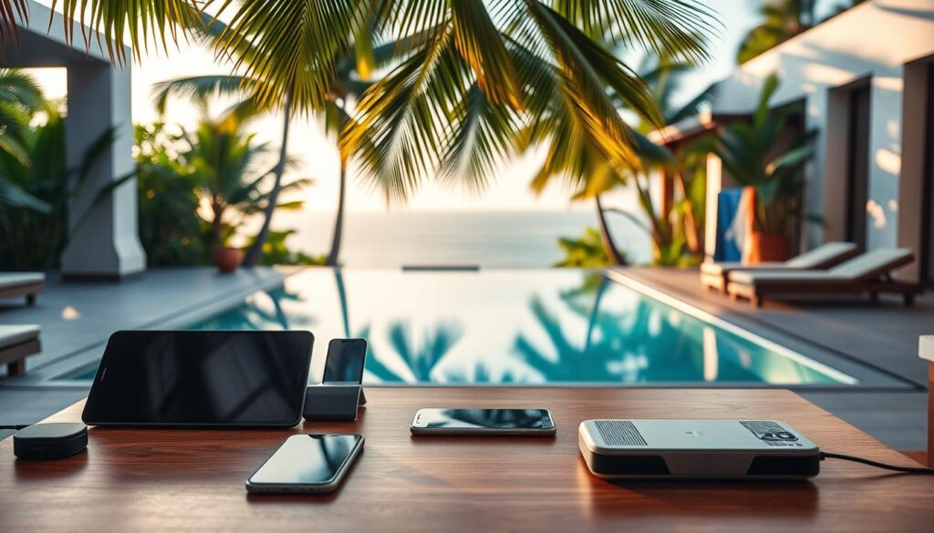 A modern luxury villa in Bali, featuring a sleek outdoor lounge area equipped with the latest tech gadgets such as a high-end tablet, smart speaker, and wireless charging station. In the foreground, a stylish wooden coffee table holds a sleek smartphone, and next to it, a designer portable projector casts a vibrant image onto a white wall. The middle ground shows a spacious infinity pool reflecting the surrounding lush greenery, and a panoramic view of the ocean as the backdrop. Soft, warm lighting filters through palm trees, enhancing the serene, upscale atmosphere. The scene is captured with a shallow depth of field to highlight the tech essentials while softly blurring the villa's architectural elegance in the background, evoking a sense of sophistication and modern living in paradise.