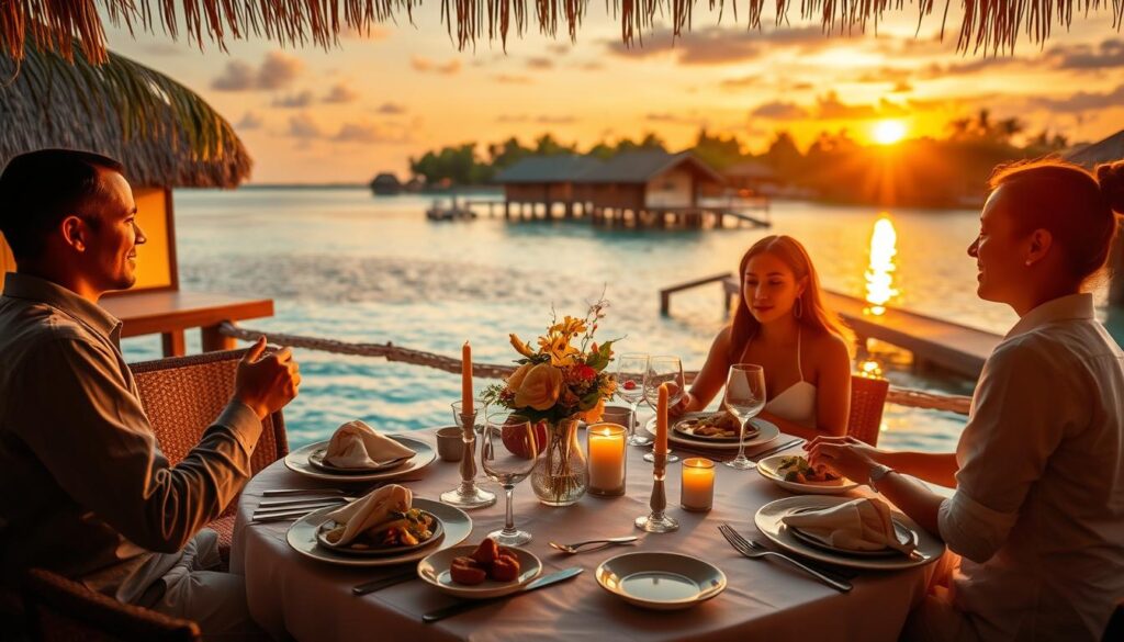 A picturesque overwater dining experience showcasing a beautifully set table with elegant dinnerware, exquisite dishes, and tasteful floral arrangements. In the foreground, a couple in modest casual clothing enjoys a gourmet meal, their faces illuminated by soft candlelight. The middle ground features a serene, crystal-clear lagoon reflecting the vibrant colors of the sunset, with gentle waves lapping at the villa's stilts. In the background, lush tropical foliage and other overwater villas create a tranquil ambiance. The scene is bathed in warm golden light, exuding a romantic and inviting atmosphere. The use of a shallow depth of field emphasizes the couple and dining setup, while soft bokeh highlights the natural surroundings. The overall mood is one of luxury and intimacy, perfect for a memorable dining experience. A picturesque overwater dining experience showcasing a beautifully set table with elegant dinnerware, exquisite dishes, and tasteful floral arrangements. In the foreground, a couple in modest casual clothing enjoys a gourmet meal, their faces illuminated by soft candlelight. The middle ground features a serene, crystal-clear lagoon reflecting the vibrant colors of the sunset, with gentle waves lapping at the villa's stilts. In the background, lush tropical foliage and other overwater villas create a tranquil ambiance. The scene is bathed in warm golden light, exuding a romantic and inviting atmosphere. The use of a shallow depth of field emphasizes the couple and dining setup, while soft bokeh highlights the natural surroundings. The overall mood is one of luxury and intimacy, perfect for a memorable dining experience.