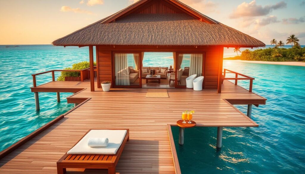 A serene overwater villa perched on stilts amidst turquoise waters, showcasing its unique features. In the foreground, a beautiful wooden deck with a sun lounger and a small table with tropical refreshments. The middle ground reveals a spacious living room with large glass windows, elegantly decorated with soft furnishings and a view overlooking the water. In the background, lush greenery and distant palm trees add a tranquil ambiance. The setting sun casts warm golden light, enhancing the inviting atmosphere. The angle captures both the charm of the villa and the expansive sea, inviting viewers to imagine relaxation and the soothing sound of gentle waves. A serene overwater villa perched on stilts amidst turquoise waters, showcasing its unique features. In the foreground, a beautiful wooden deck with a sun lounger and a small table with tropical refreshments. The middle ground reveals a spacious living room with large glass windows, elegantly decorated with soft furnishings and a view overlooking the water. In the background, lush greenery and distant palm trees add a tranquil ambiance. The setting sun casts warm golden light, enhancing the inviting atmosphere. The angle captures both the charm of the villa and the expansive sea, inviting viewers to imagine relaxation and the soothing sound of gentle waves.