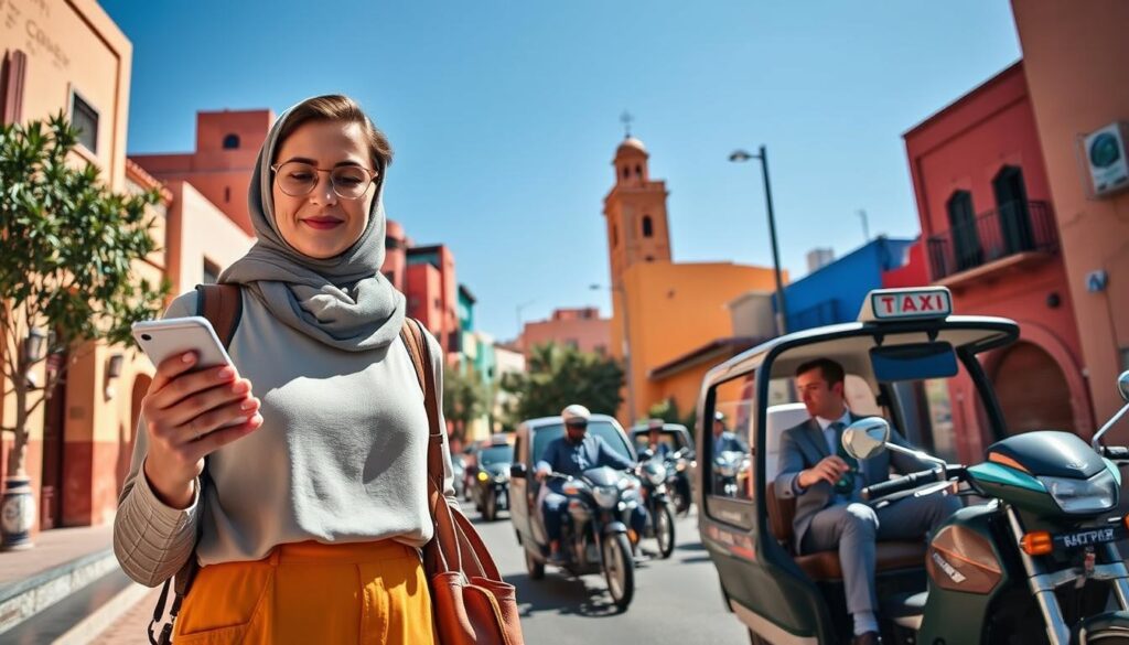 A vibrant scene depicting safe transportation in Marrakech, showcasing a clean and well-lit street with colorful traditional buildings in the background. In the foreground, a solo female traveler, dressed in modest casual attire, confidently checks her phone while waiting for a taxi. She exudes an air of poise and comfort. A bright blue sky enhances the warm, inviting atmosphere. The middle ground features traditional taxis and bikes, with friendly local drivers in professional attire, ensuring a welcoming environment. Soft, natural lighting highlights the details of the surroundings, creating a safe and appealing ambiance for female travelers. The angle captures a slight upward perspective, giving a sense of security and openness in the bustling city.