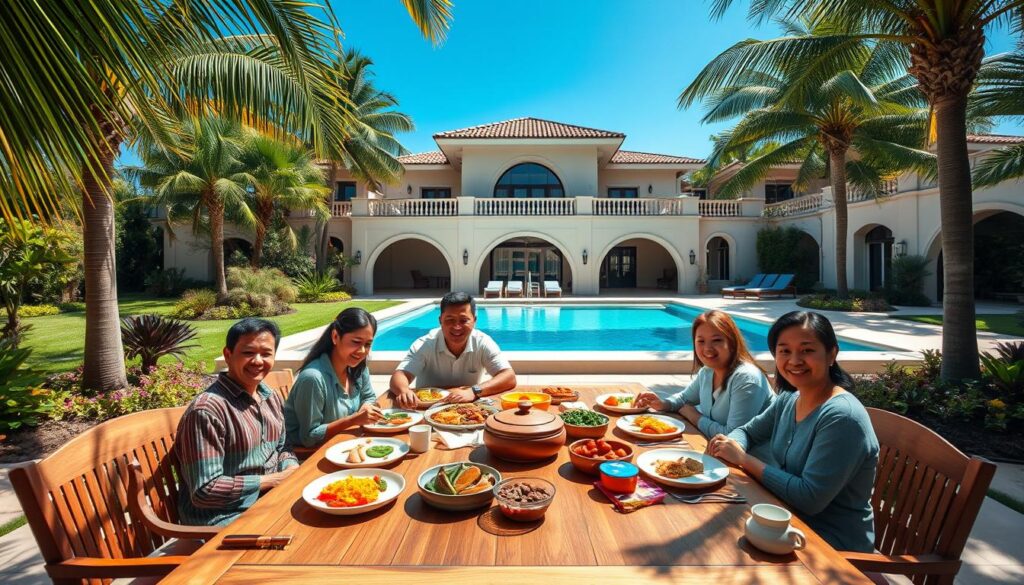 A beautiful private villa set against a serene backdrop, surrounded by lush gardens and tall palm trees. In the foreground, a family of six, dressed in modest casual clothing, enjoys a joyful reunion. They are seated around a large wooden dining table, filled with a delicious meal and colorful dishes. The mood is warm and inviting, as soft sunlight filters through the leaves, casting playful shadows. In the middle ground, a sparkling swimming pool reflects the clear blue sky. In the background, the elegant architecture of the villa, with large windows and arched doors, adds charm to the scene. Use a wide-angle lens to capture the spaciousness of the villa and the gathering, creating a vibrant, familial atmosphere. The overall lighting should be bright and cheerful, emphasizing a sense of togetherness and relaxation. A beautiful private villa set against a serene backdrop, surrounded by lush gardens and tall palm trees. In the foreground, a family of six, dressed in modest casual clothing, enjoys a joyful reunion. They are seated around a large wooden dining table, filled with a delicious meal and colorful dishes. The mood is warm and inviting, as soft sunlight filters through the leaves, casting playful shadows. In the middle ground, a sparkling swimming pool reflects the clear blue sky. In the background, the elegant architecture of the villa, with large windows and arched doors, adds charm to the scene. Use a wide-angle lens to capture the spaciousness of the villa and the gathering, creating a vibrant, familial atmosphere. The overall lighting should be bright and cheerful, emphasizing a sense of togetherness and relaxation.