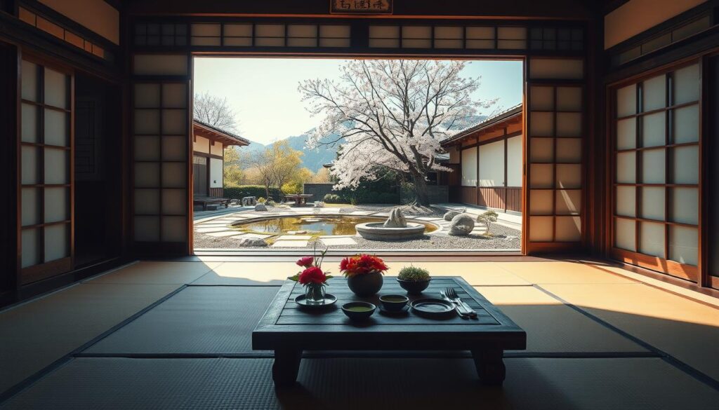 A cozy budget ryokan in Japan, capturing its traditional architecture with wooden beams and sliding shoji screens. In the foreground, a simple yet welcoming tatami mat room is set with a low wooden table adorned with seasonal flowers and matcha tea, embodying tranquility. In the middle, a view of a serene garden with manicured stone pathways and a koi pond, bathed in soft, natural light filtering through cherry blossom trees. In the background, the silhouette of mountains under a clear blue sky, enhancing the peaceful atmosphere. The scene should evoke a sense of calm and simplicity, showcasing a welcoming retreat without luxury frills. Utilize warm, inviting lighting and a slightly elevated angle to provide a comprehensive view of this serene setting.