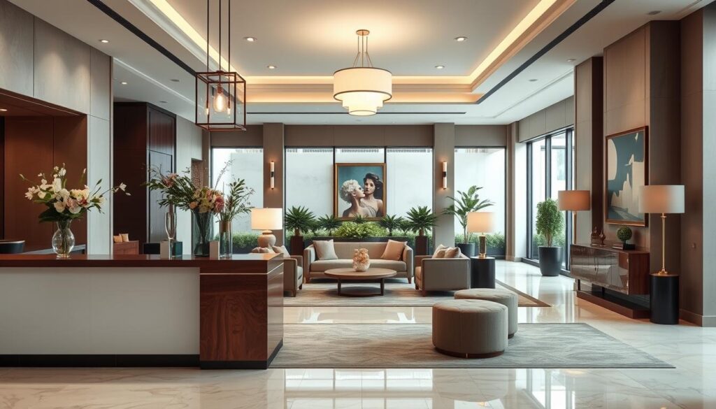 A serene and sophisticated luxury boutique hotel lobby featuring elegant furnishings and a calming color palette. In the foreground, a minimalist reception desk crafted from rich wood, adorned with tasteful floral arrangements. The middle ground presents an intimate seating area with plush, neutral-toned sofas and soft, ambient lighting from stylish pendant lamps. Elegant art pieces adorn the walls, enhancing the refined atmosphere. In the background, large windows bathe the space in natural light, revealing a tranquil garden view with meticulously arranged greenery. The mood is one of understated opulence and comfort, inviting relaxation without extravagance. The angle captures the depth of the space, focusing on the harmonious balance between luxury and tranquility. A serene and sophisticated luxury boutique hotel lobby featuring elegant furnishings and a calming color palette. In the foreground, a minimalist reception desk crafted from rich wood, adorned with tasteful floral arrangements. The middle ground presents an intimate seating area with plush, neutral-toned sofas and soft, ambient lighting from stylish pendant lamps. Elegant art pieces adorn the walls, enhancing the refined atmosphere. In the background, large windows bathe the space in natural light, revealing a tranquil garden view with meticulously arranged greenery. The mood is one of understated opulence and comfort, inviting relaxation without extravagance. The angle captures the depth of the space, focusing on the harmonious balance between luxury and tranquility.