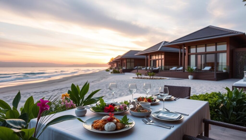 A serene and upscale beachside accommodation in a hidden coastal village of Vietnam, showcasing modern luxury with a touch of traditional Vietnamese architecture. In the foreground, a beautifully set dining table with local dishes artfully presented, surrounded by lush greenery and tropical flowers. The middle ground features elegant villas with large windows, inviting natural light, their wooden exteriors harmonizing with the beach. In the background, gentle waves lapping against soft sandy shores under a breathtaking sunset sky, casting warm hues of orange and purple. The scene conveys tranquility and sophistication, with soft, diffused lighting and a focus on natural beauty, evoking a sense of peace and luxury.