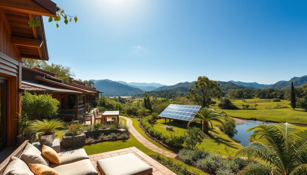 A serene eco-certified resort nestled in lush greenery, showcasing sustainable architecture made of natural materials like wood and stone. In the foreground, a welcoming outdoor lounge area features comfortable seating with biodegradable cushions, inviting guests to relax. The middle ground displays well-groomed gardens with native plants and solar panels integrated into the landscape. In the background, a serene mountain range under a clear blue sky frames the scene, with a gentle river reflecting the sunlight. The lighting is warm and inviting, emphasizing the tranquil ambiance of the resort. Capture this idyllic setting using a wide-angle lens to convey spaciousness and harmony with nature, creating a mood of relaxation and sustainability.