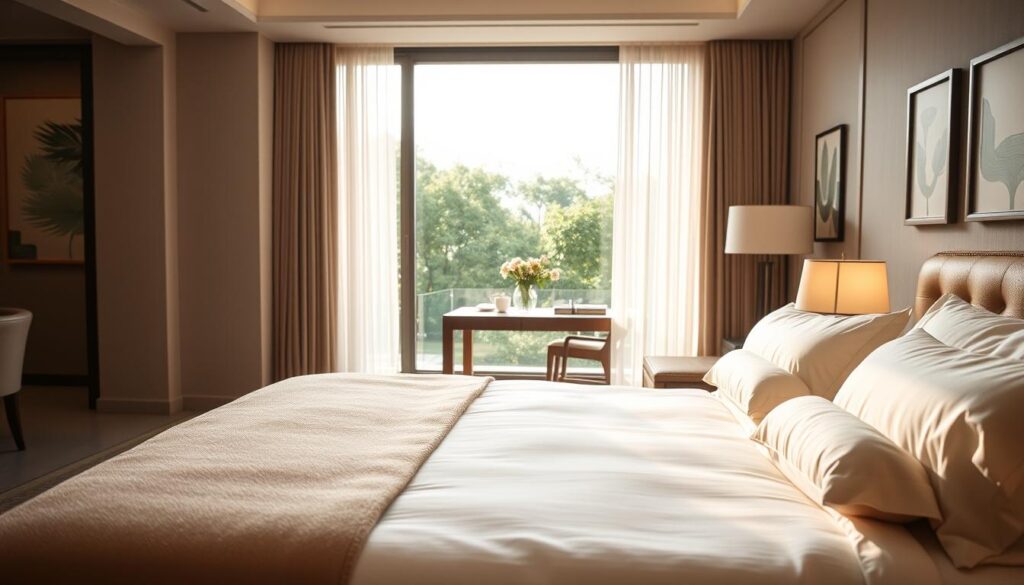A serene luxury hotel room designed for tranquility and comfort. In the foreground, a beautifully made king-sized bed with soft, neutral-toned linens and a plush throw blanket. Adorning the bedside are elegantly designed lamps casting a warm, gentle light. In the middle, a large open window reveals a peaceful view of lush greenery, with light filtering through sheer curtains to create a soft ambiance. A minimalist wooden desk sits beside the window, showcasing a delicate vase with fresh flowers. The background features a tastefully decorated interior with calming colors and a few abstract art pieces on the walls. The overall atmosphere exudes sophistication and relaxation, with natural light enhancing the inviting feel, captured in a soft focus, evoking a sense of quiet luxury. A serene luxury hotel room designed for tranquility and comfort. In the foreground, a beautifully made king-sized bed with soft, neutral-toned linens and a plush throw blanket. Adorning the bedside are elegantly designed lamps casting a warm, gentle light. In the middle, a large open window reveals a peaceful view of lush greenery, with light filtering through sheer curtains to create a soft ambiance. A minimalist wooden desk sits beside the window, showcasing a delicate vase with fresh flowers. The background features a tastefully decorated interior with calming colors and a few abstract art pieces on the walls. The overall atmosphere exudes sophistication and relaxation, with natural light enhancing the inviting feel, captured in a soft focus, evoking a sense of quiet luxury.