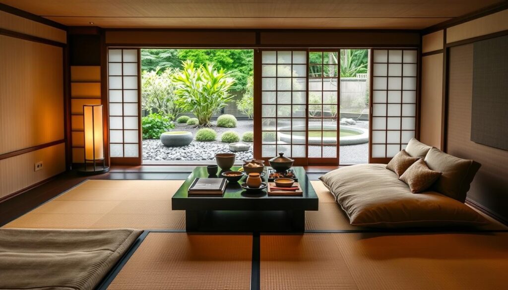 A serene scene of a traditional ryokan interior, showcasing two distinct areas representing budget and luxury service. In the foreground, a modest tatami room with simple futon bedding and a low wooden table, accented by a warm, inviting light. In the middle, a more lavish space featuring a beautifully arranged kaiseki meal, elegant ceramics, and plush seating, surrounded by lush greenery visible through shoji screens. The background reveals a tranquil garden with carefully raked gravel and a gentle koi pond, enhancing the sense of peace. The lighting is soft and natural, casting a warm glow throughout, creating an atmosphere of hospitality and comfort, emphasizing the contrast in service quality. Perfect for illustrating the subtleties in ryokan experiences.
