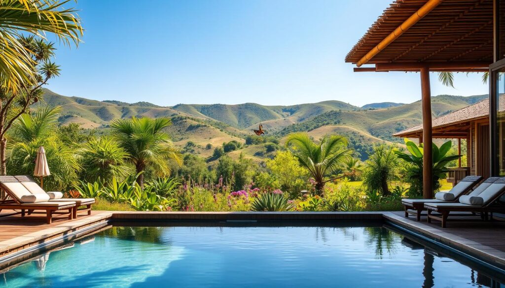 A serene view of an eco-certified resort nestled in a lush, green landscape, emphasizing sustainable architecture with bamboo and reclaimed wood structures. In the foreground, a tranquil pool reflects the surroundings, flanked by comfortable, stylish bamboo loungers. The middle ground features a vibrant garden filled with native plants and flowers, attracting butterflies and local wildlife. In the background, rolling hills and a clear blue sky create a sense of openness and connection to nature. Soft, natural sunlight bathes the scene, creating a warm and inviting atmosphere. The angle captures the entire resort harmoniously integrated into its environment, evoking feelings of peace and sustainability.
