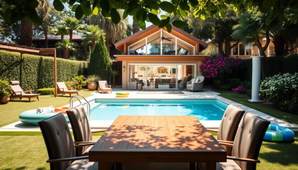 A spacious, elegant private villa set in a lush green garden, featuring a large outdoor seating area with a wooden table surrounded by comfortable chairs, perfect for family gatherings. In the foreground, a bright and inviting swimming pool reflects the sunlight, with colorful floaties and pool toys nearby. In the middle ground, the villa's beautiful open-plan living area, decorated with family-friendly furnishings, offers a cozy atmosphere. Natural light streams in through large windows, enhancing the warm, welcoming vibe. In the background, tall trees and flowering bushes create a serene and private environment. The scene captures a cheerful, family-friendly mood, ideal for a joyful reunion. Soft sunlight casts gentle shadows, emphasizing the inviting, relaxing ambiance. A spacious, elegant private villa set in a lush green garden, featuring a large outdoor seating area with a wooden table surrounded by comfortable chairs, perfect for family gatherings. In the foreground, a bright and inviting swimming pool reflects the sunlight, with colorful floaties and pool toys nearby. In the middle ground, the villa's beautiful open-plan living area, decorated with family-friendly furnishings, offers a cozy atmosphere. Natural light streams in through large windows, enhancing the warm, welcoming vibe. In the background, tall trees and flowering bushes create a serene and private environment. The scene captures a cheerful, family-friendly mood, ideal for a joyful reunion. Soft sunlight casts gentle shadows, emphasizing the inviting, relaxing ambiance.