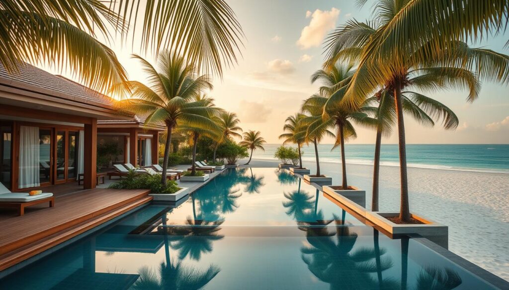 A tranquil scene of luxury accommodations along the pristine northern shores of Phu Quoc, Vietnam. In the foreground, feature elegantly designed villas with modern architecture, featuring wooden decks and lush tropical gardens. In the middle ground, gently swaying palm trees frame the villas, while inviting infinity pools reflect the warm sunlight. The background showcases soft, white sandy beaches kissed by crystal-clear turquoise waters. The sky is adorned with pastel sunset hues, casting a golden glow over the landscape, enhancing the serene atmosphere. Use a warm, soft-focus lens to capture the tranquility of this hidden gem, evoking a sense of peaceful luxury and secluded relaxation. The overall mood should be serene and inviting, perfect for highlighting the charm of coastal Vietnam.
